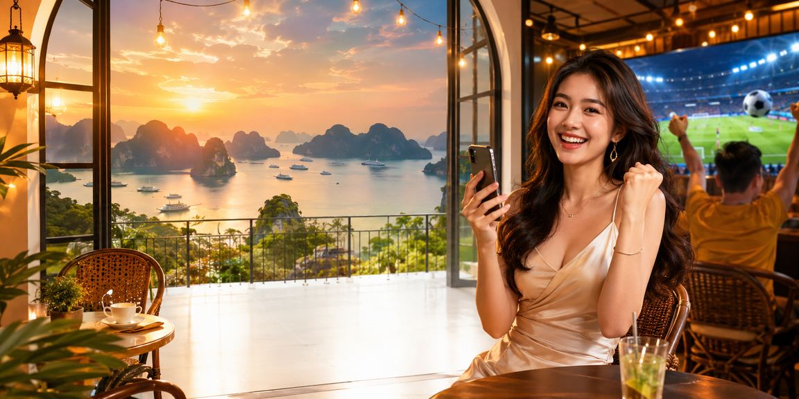 Người chơi thưởng thức game bài tại quán cà phê ven vịnh Hạ Long với khung cảnh thiên nhiên hùng vĩ