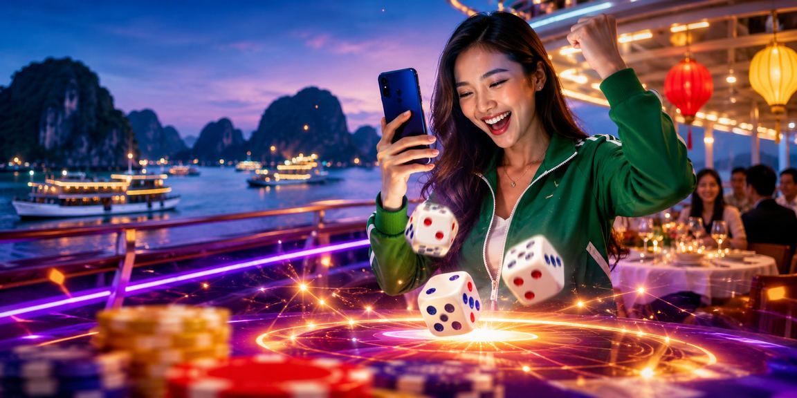 Súc sắc tài xỉu phát sáng neon trên nền vịnh Hạ Long về đêm – biểu tượng cá cược Việt Nam
