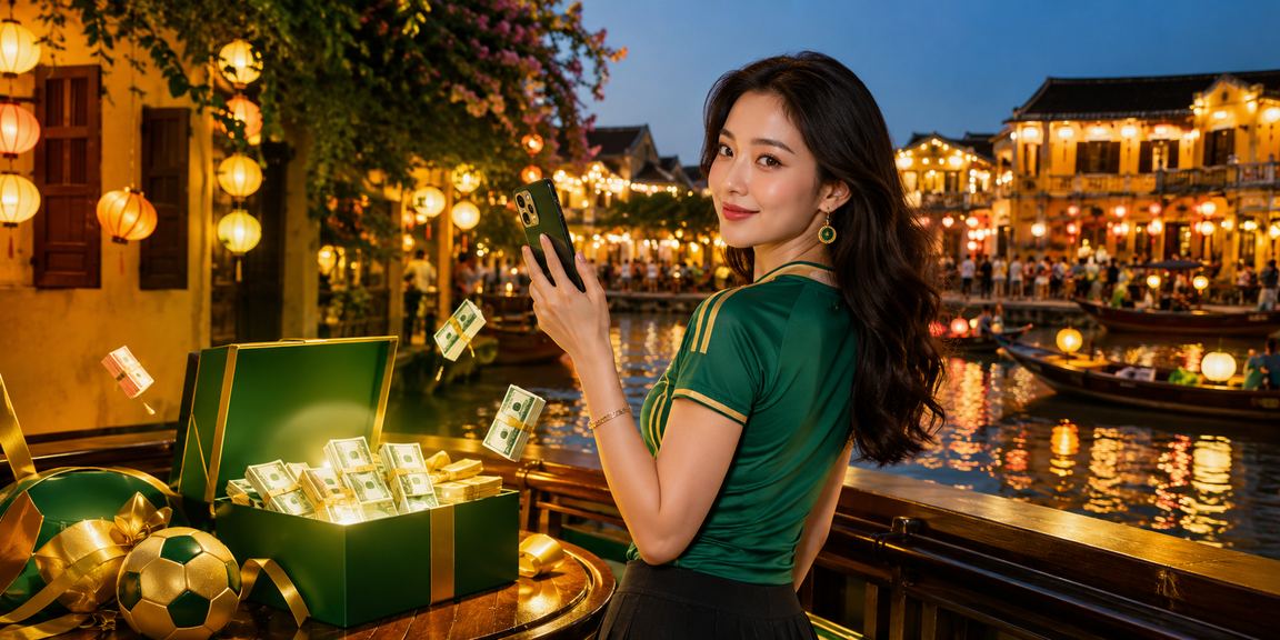 Người chơi tại Hội An sử dụng điện thoại đặt kèo buổi tối dưới ánh đèn lồng